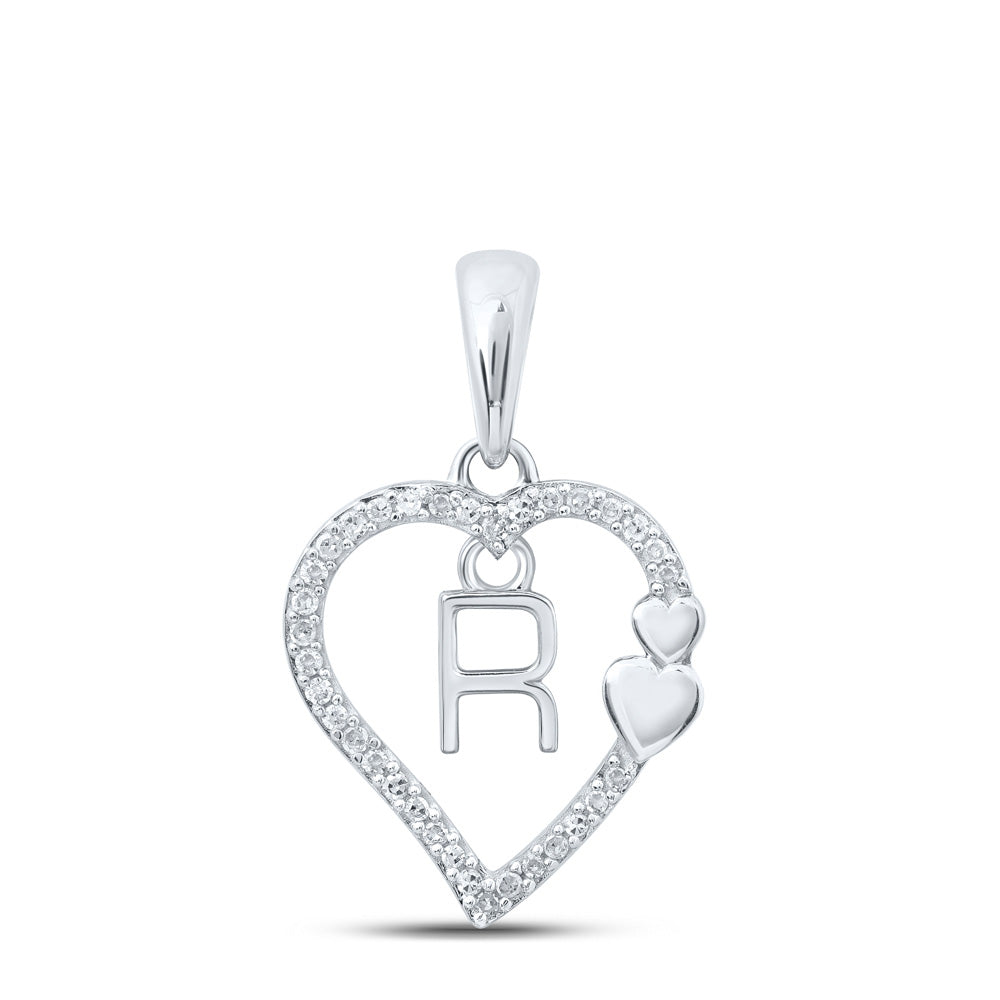 10kt White Gold Womens Round Diamond R Heart Letter Pendant 1/10 Cttw