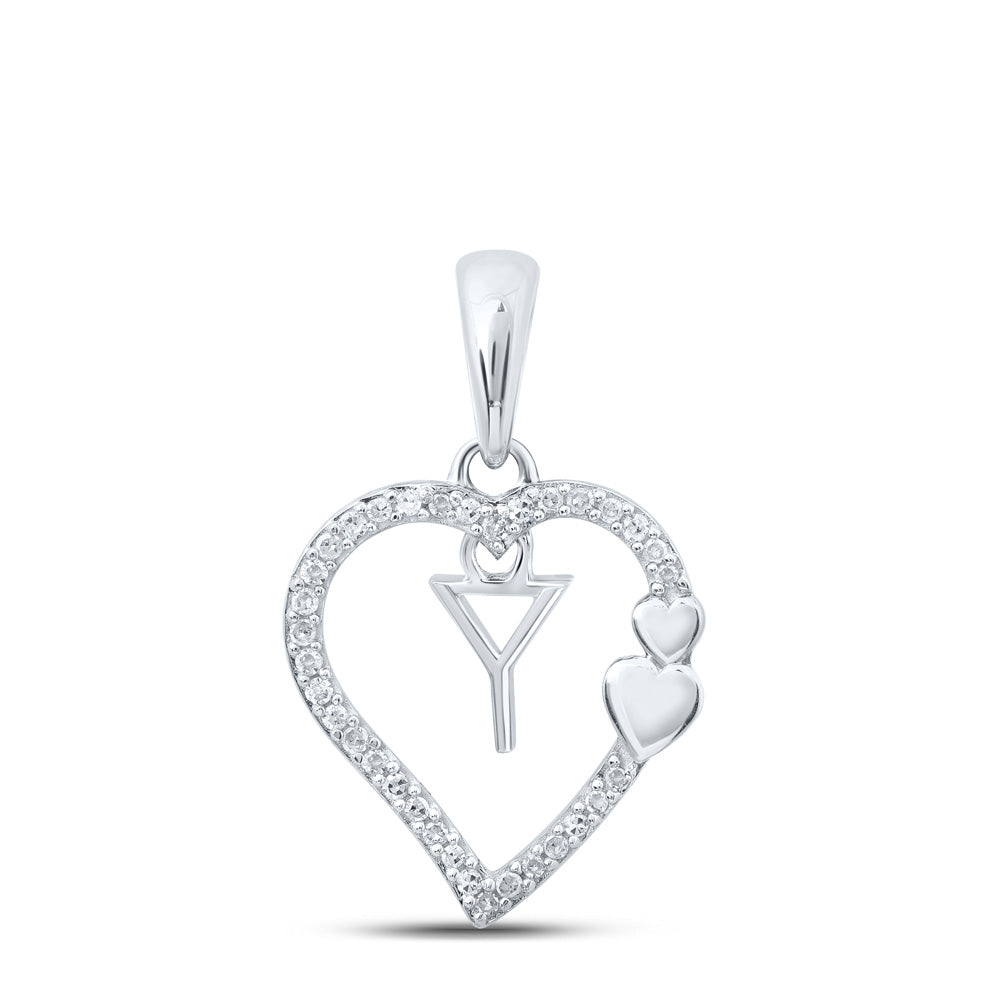 10kt White Gold Womens Round Diamond Y Heart Letter Pendant 1/10 Cttw