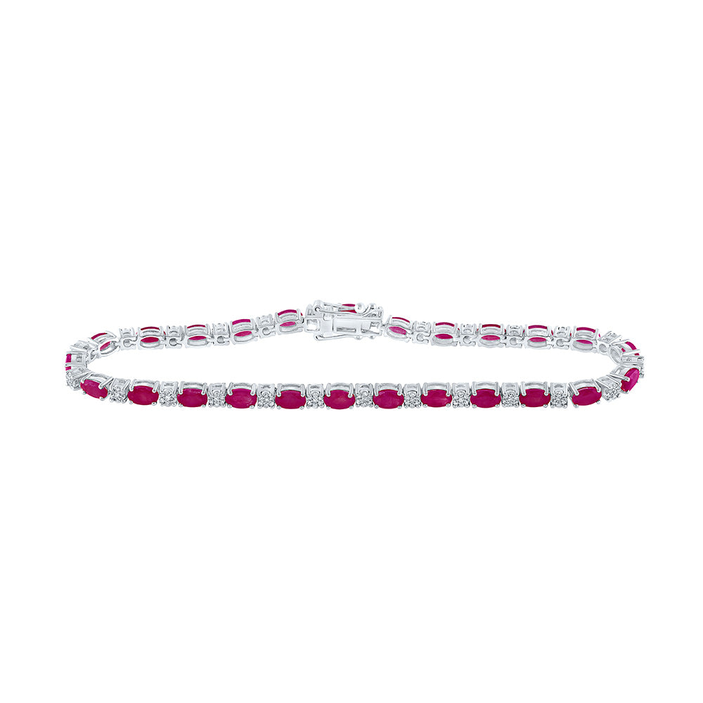 14kt White Gold Womens Oval Ruby Diamond Fashion Bracelet 7 Cttw