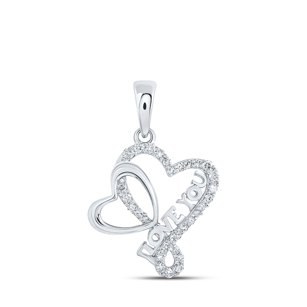 10kt White Gold Womens Round Diamond Love You Heart Pendant 1/4 Cttw