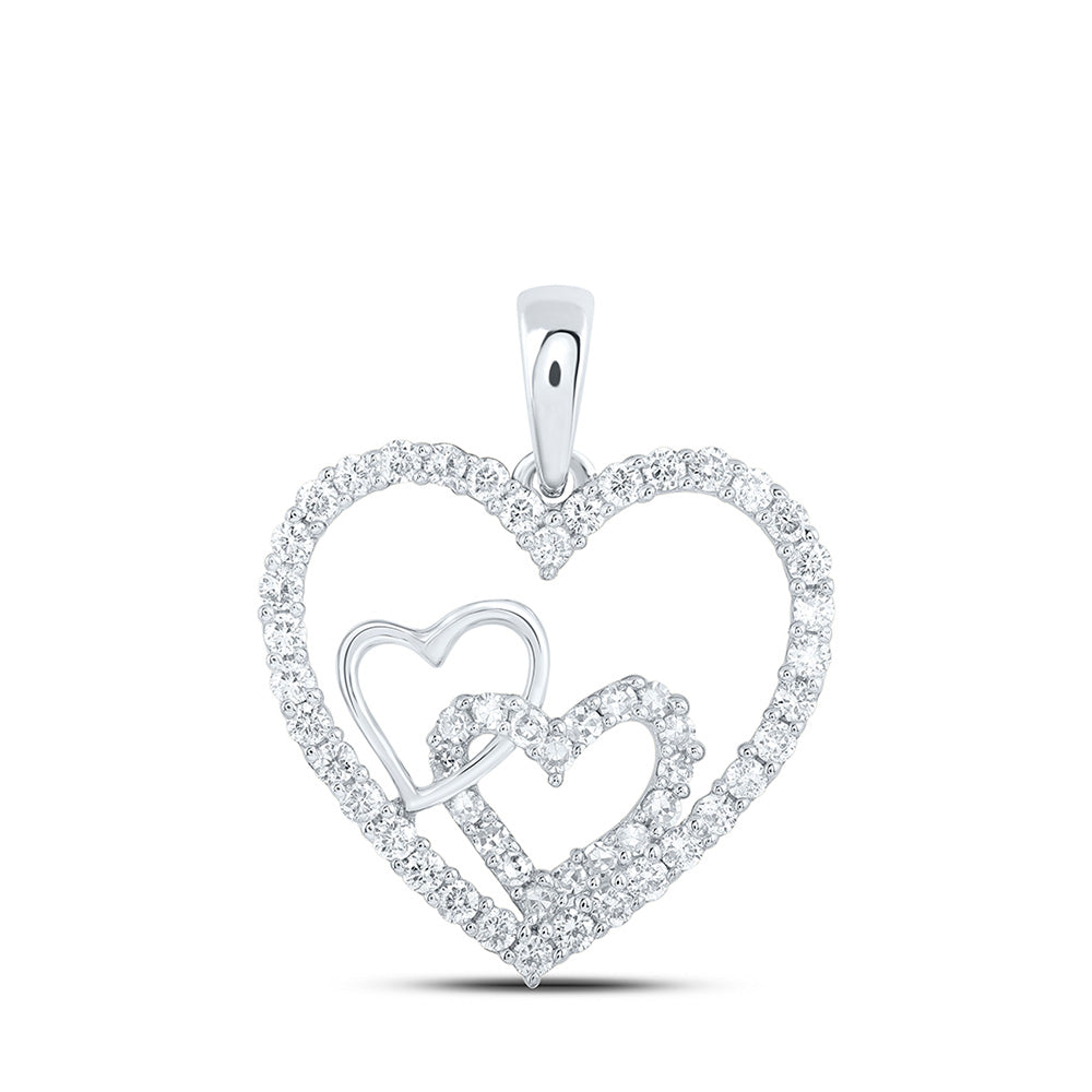 10kt White Gold Womens Round Diamond Nested Heart Pendant 3/8 Cttw