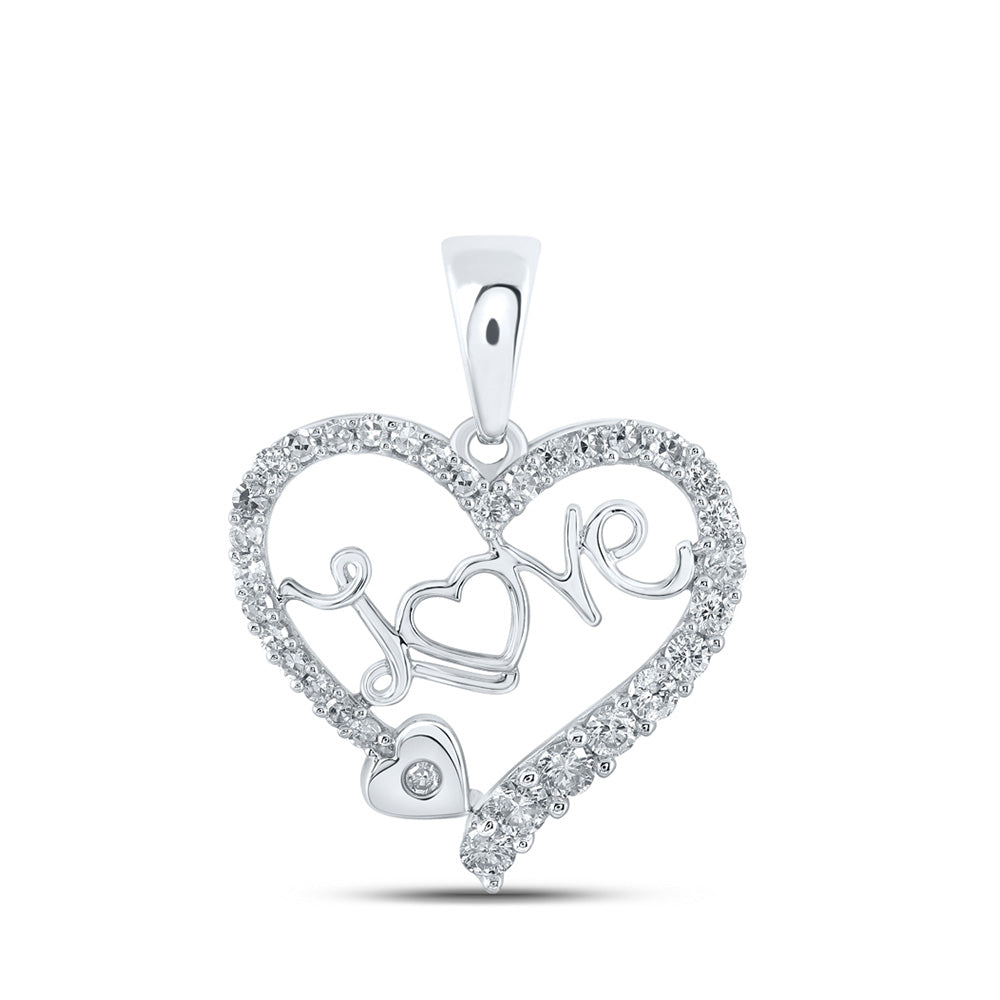 10kt White Gold Womens Round Diamond Love Heart Pendant 1/3 Cttw