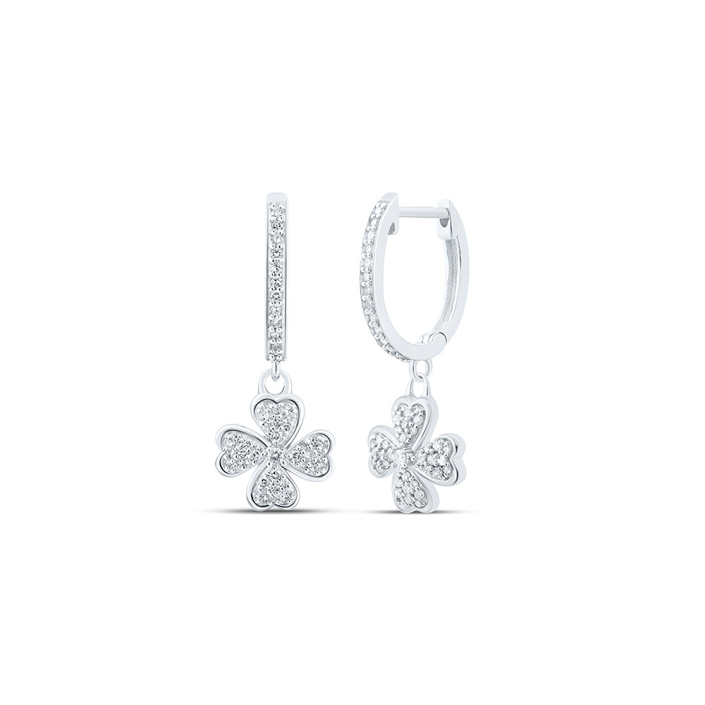 10kt White Gold Womens Round Diamond Heart Clover Dangle Earrings 1/3 Cttw