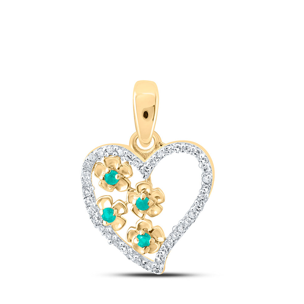 10kt Yellow Gold Womens Round Emerald Diamond Heart Pendant 1/8 Cttw