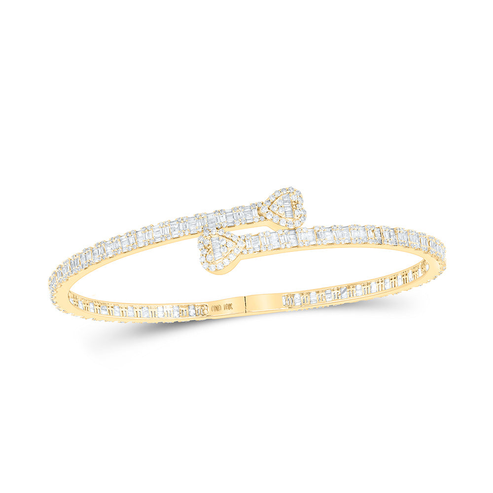 10kt Yellow Gold Womens Baguette Diamond Heart Cuff Bangle Bracelet 2-5/8 Cttw