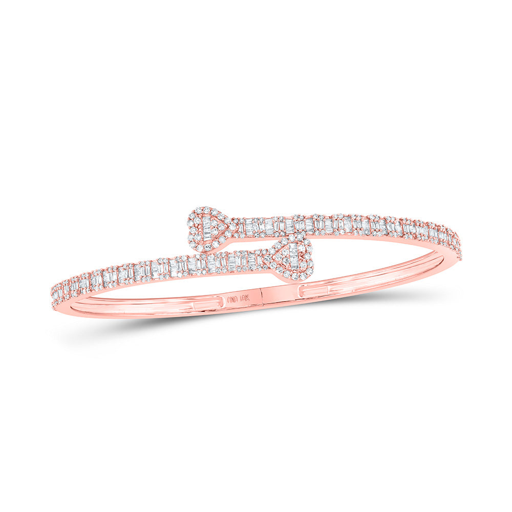 10kt Rose Gold Womens Baguette Diamond Heart Cuff Bangle Bracelet 1-1/2 Cttw