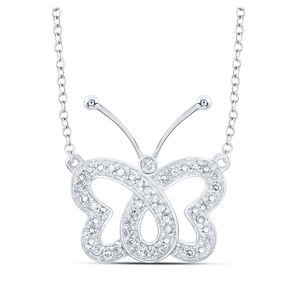 10kt White Gold Womens Round Diamond Butterfly Necklace 1/4 Cttw