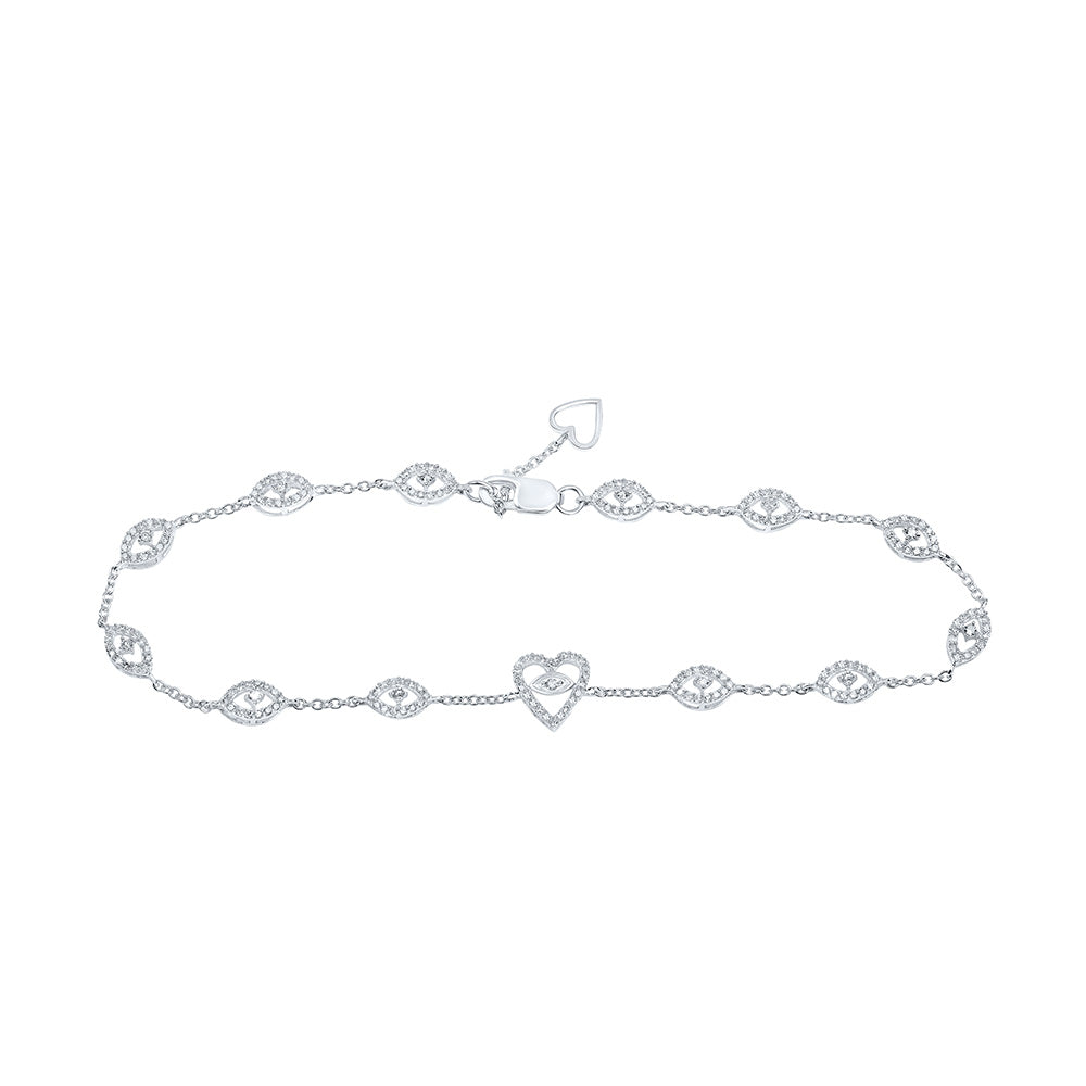 10kt White Gold Womens Round Diamond Heart Bracelet 1/2 Cttw