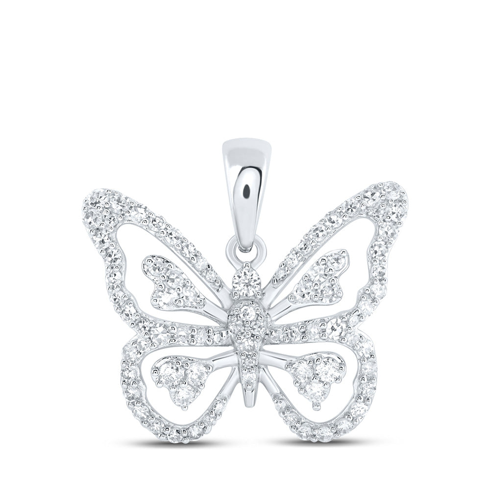 10kt White Gold Womens Round Diamond Butterfly Pendant 3/8 Cttw