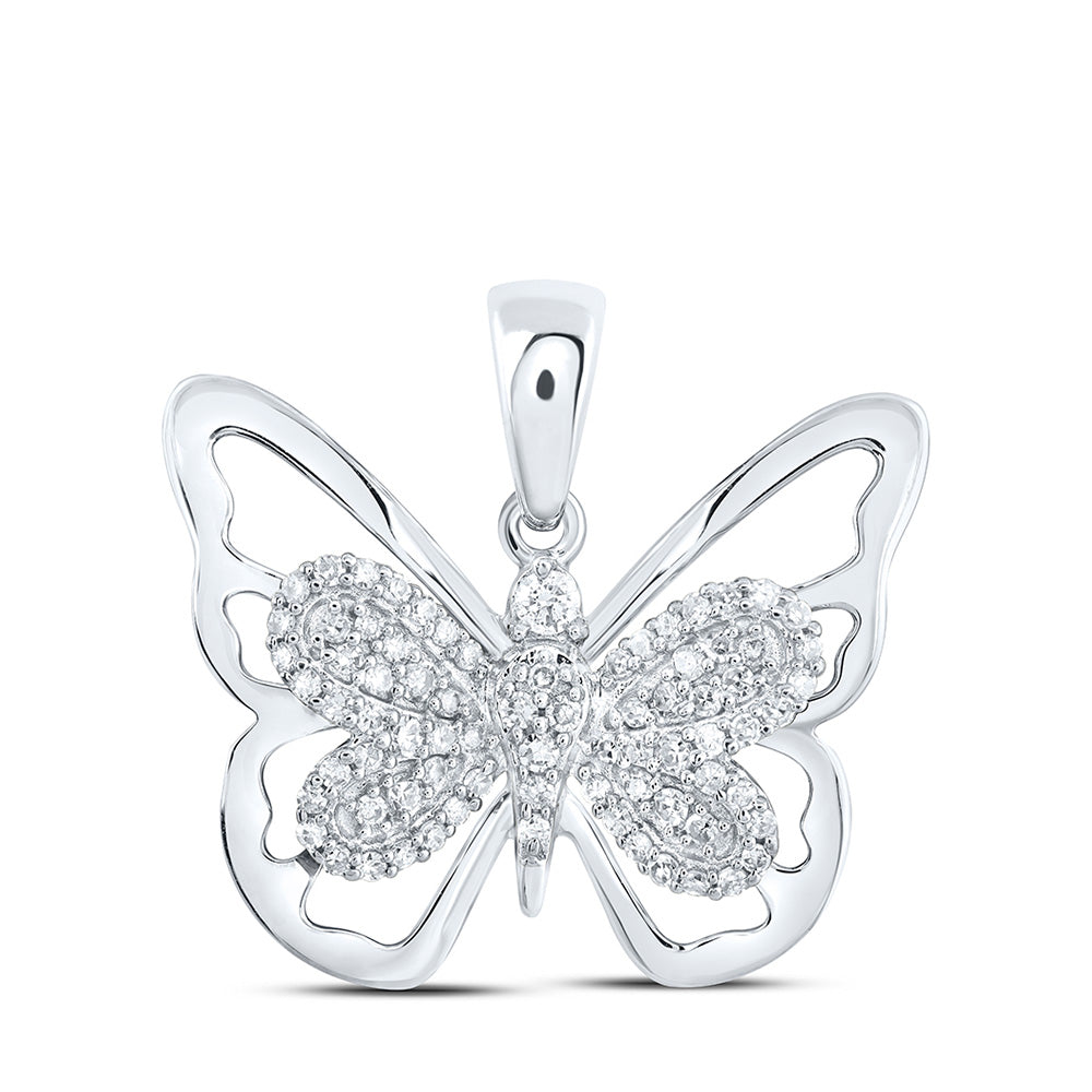 10kt White Gold Womens Round Diamond Butterfly Pendant 1/5 Cttw