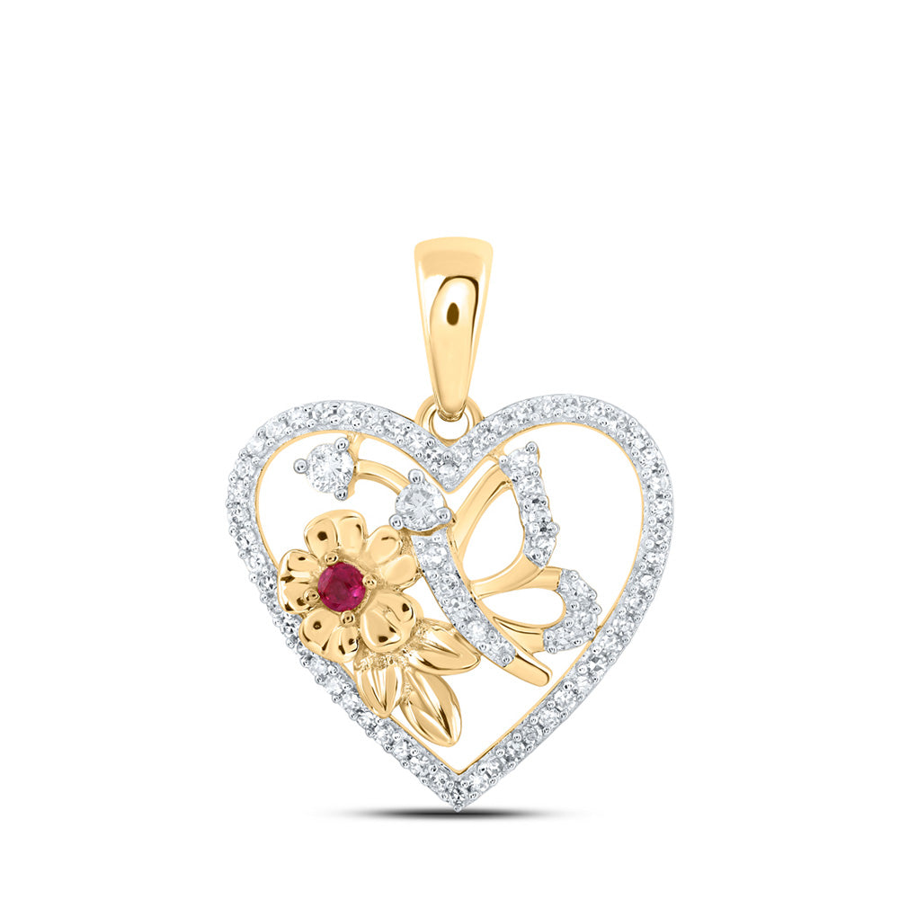 10kt Yellow Gold Womens Round Ruby Diamond Butterfly Heart Pendant 1/5 Cttw