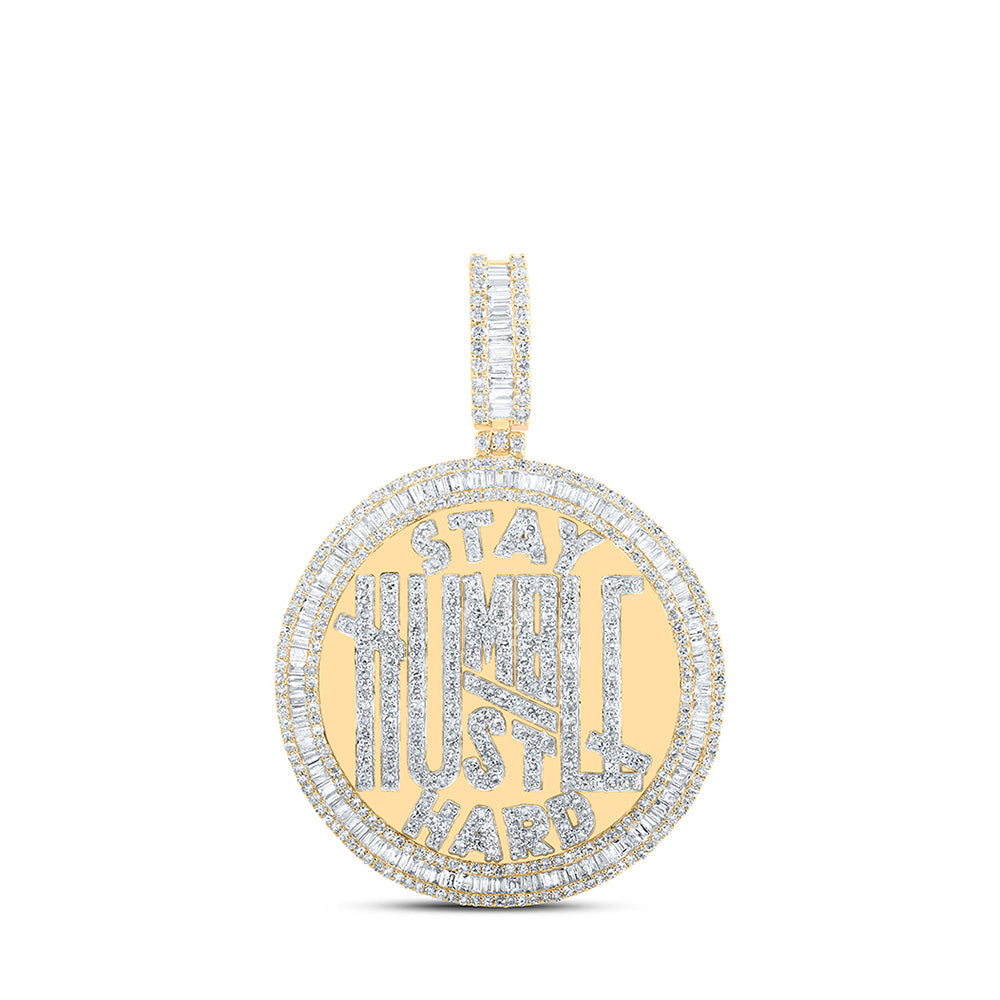 10kt Yellow Gold Mens Baguette Diamond Stay Humble Hustle Hard Charm Pendant 3-3/4 Cttw