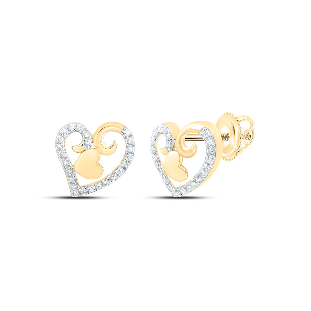 10kt Yellow Gold Womens Round Diamond Heart Earrings 1/4 Cttw