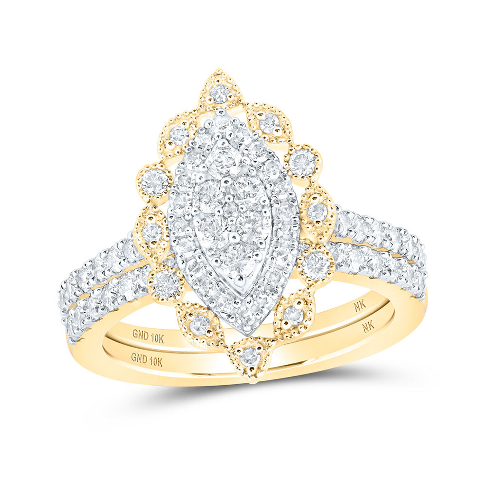 10kt Yellow Gold Round Diamond Marquise-shape Bridal Wedding Ring Band Set 1 Cttw