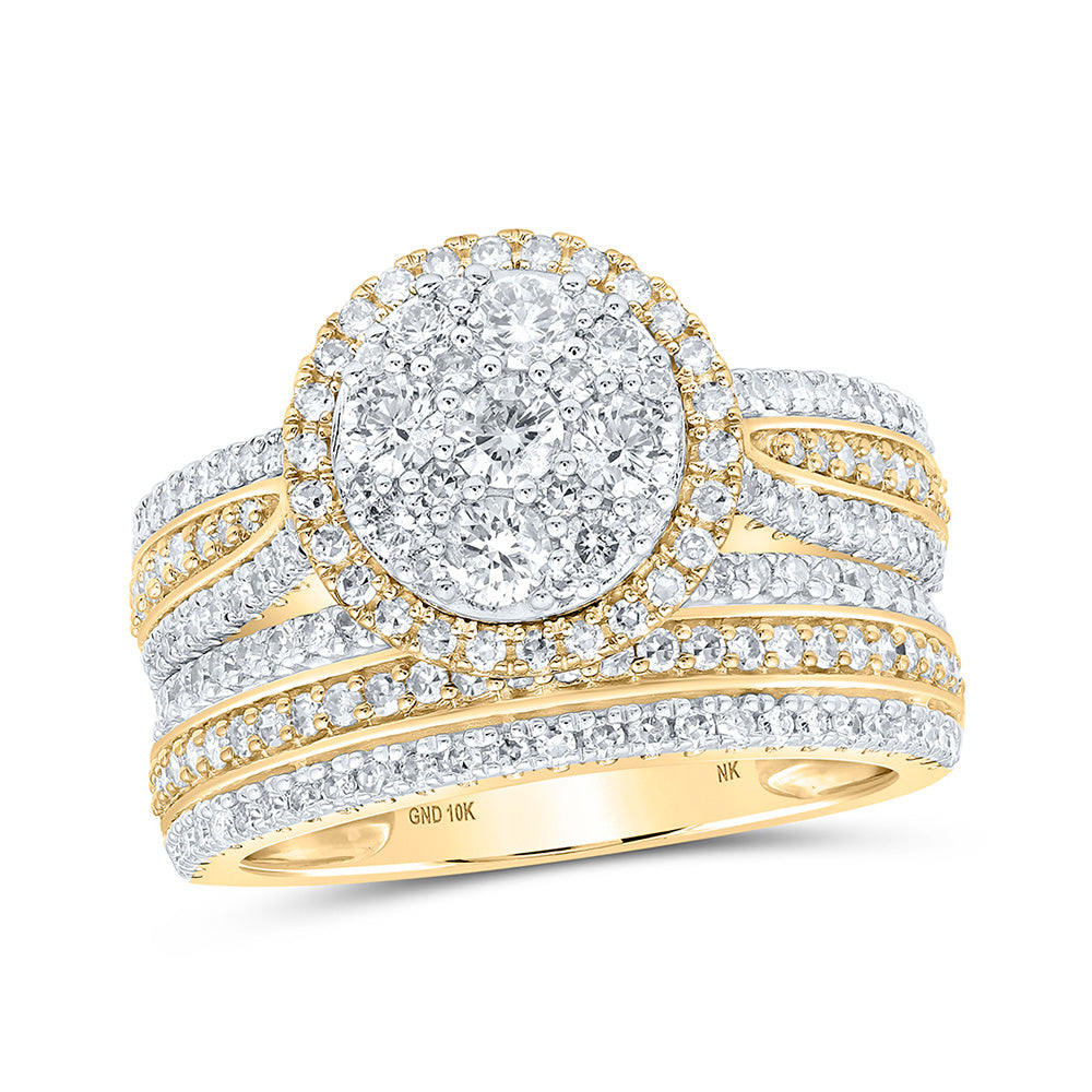 10kt Yellow Gold Round Diamond Cluster Bridal Wedding Ring Band Set 1-1/2 Cttw