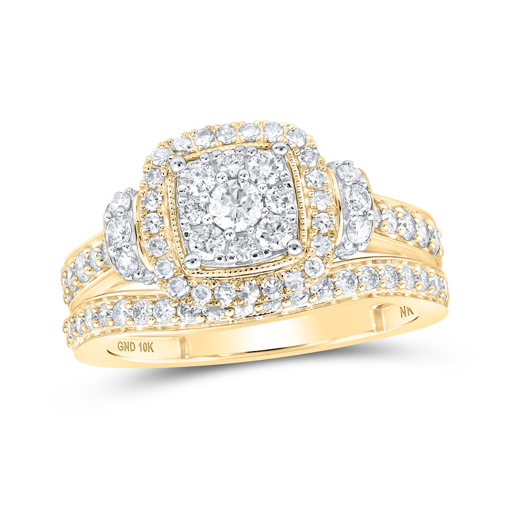 10kt Yellow Gold Round Diamond Halo Bridal Wedding Ring Band Set 1 Cttw