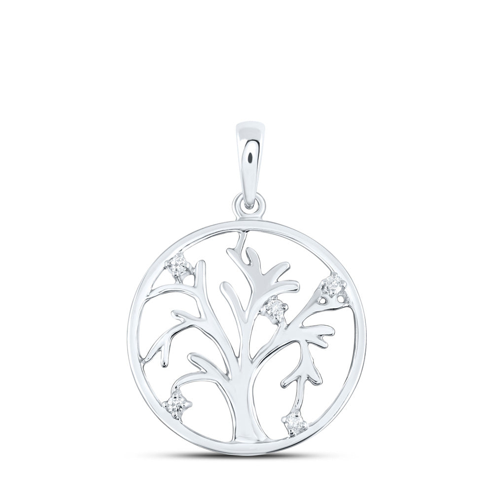 Sterling Silver Womens Round Diamond Tree Circle Pendant 1/20 Cttw