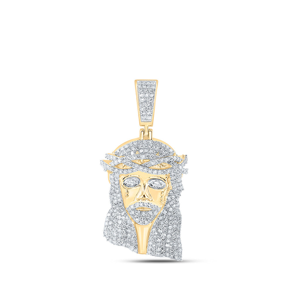 10kt Yellow Gold Mens Round Diamond Jesus Face Charm Pendant 2-1/3 Cttw