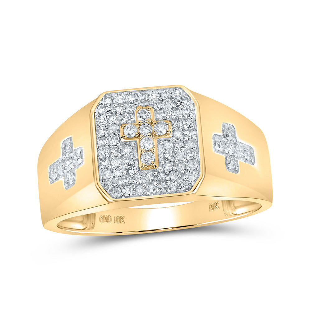 10kt Yellow Gold Mens Round Diamond Cross Ring 3/8 Cttw