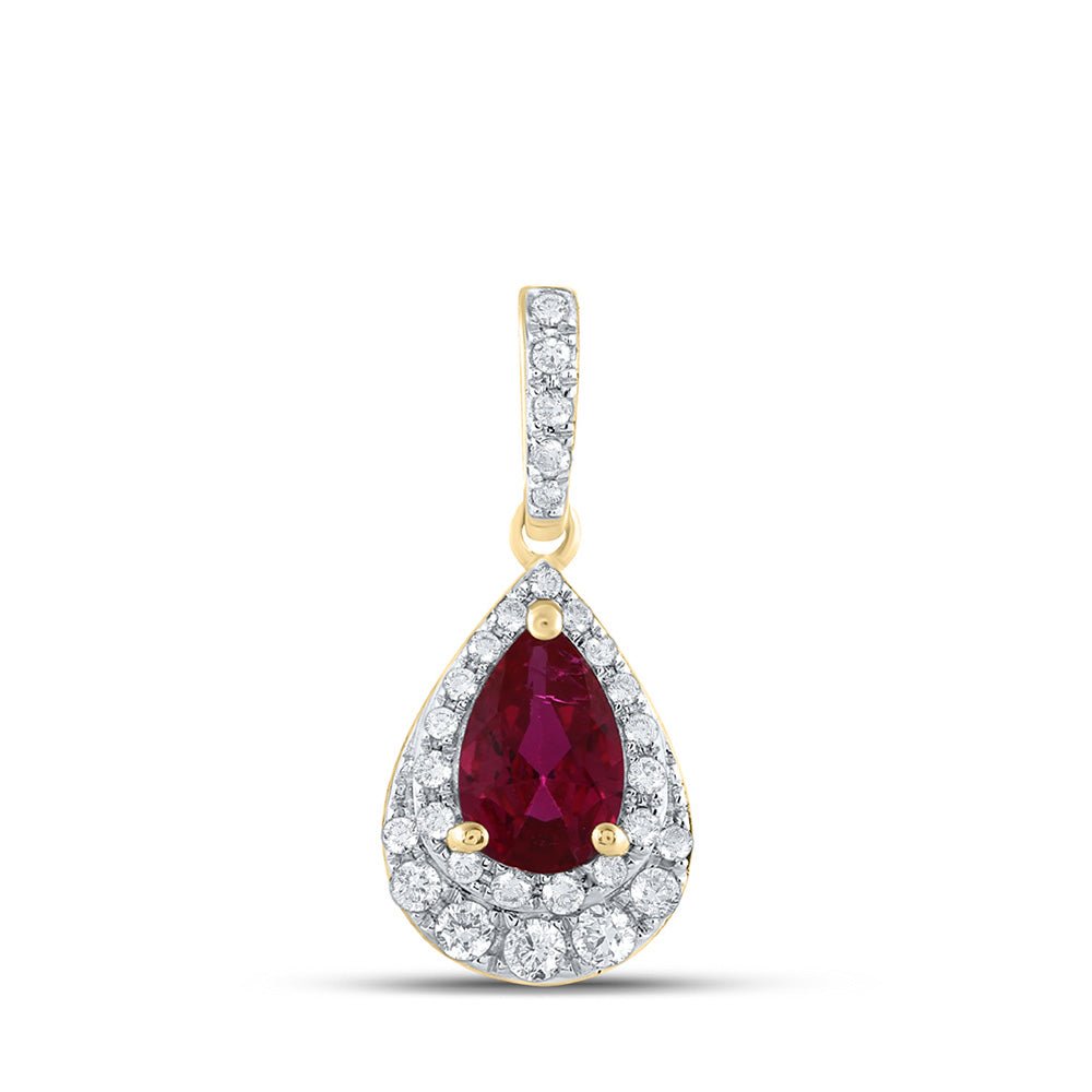 14kt Yellow Gold Womens Pear Ruby Diamond Teardrop Pendant 5/8 Cttw