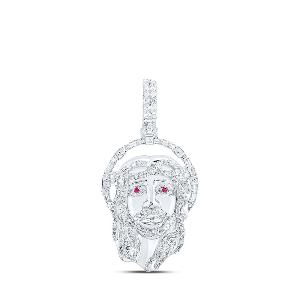 10kt White Gold Mens Round Diamond Ruby Jesus Face Charm Pendant 1 Cttw