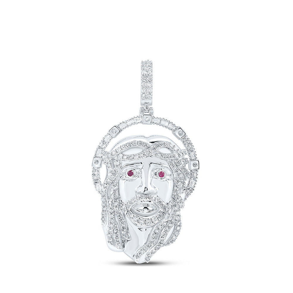 10kt White Gold Mens Round Diamond Ruby Jesus Face Charm Pendant 1-3/4 Cttw