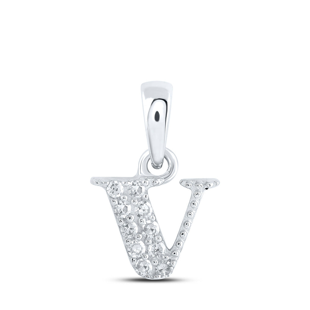 10kt White Gold Womens Round Diamond V Initial Letter Pendant 1/20 Cttw