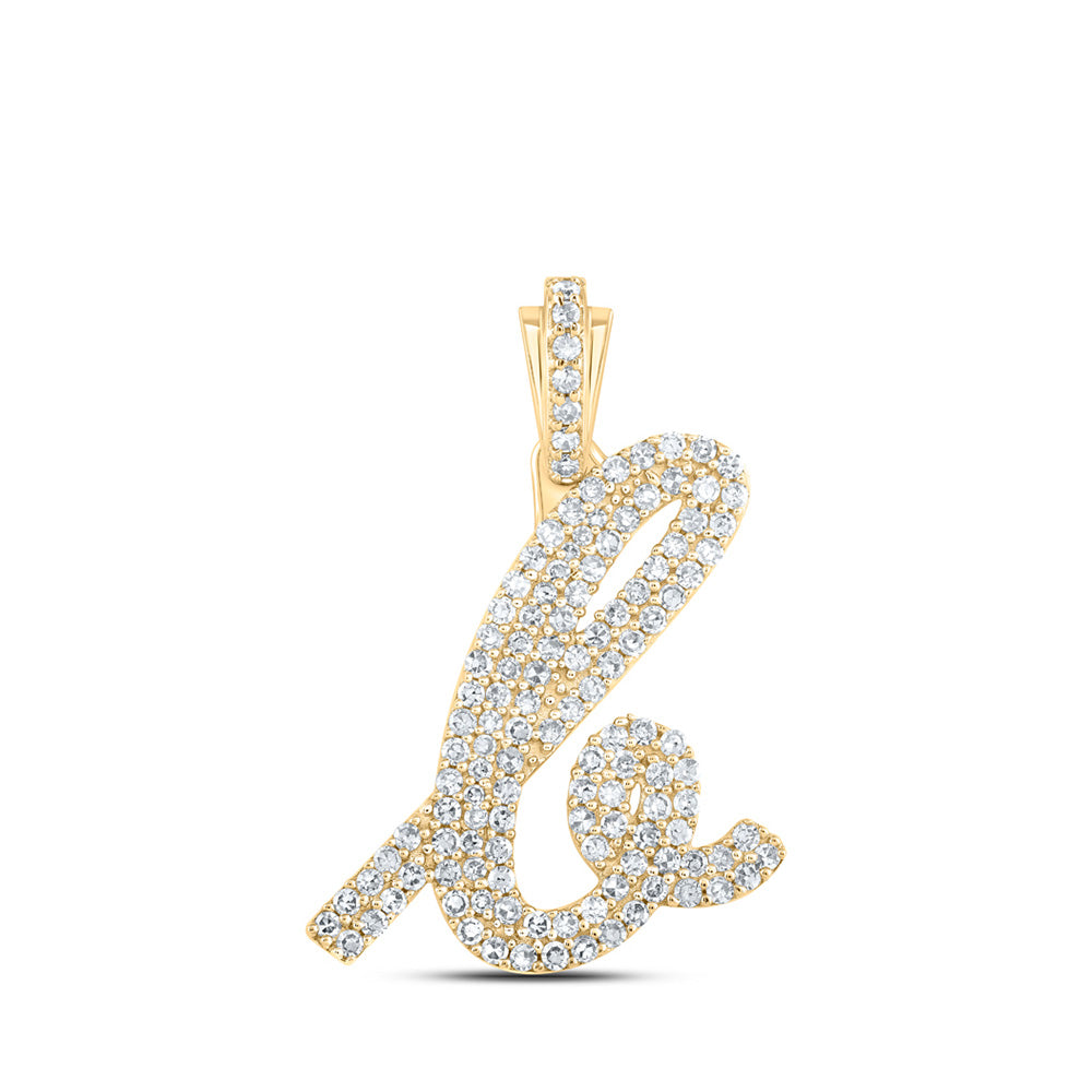 10kt Yellow Gold Womens Round Diamond K Cursive Initial Letter Pendant 5/8 Cttw