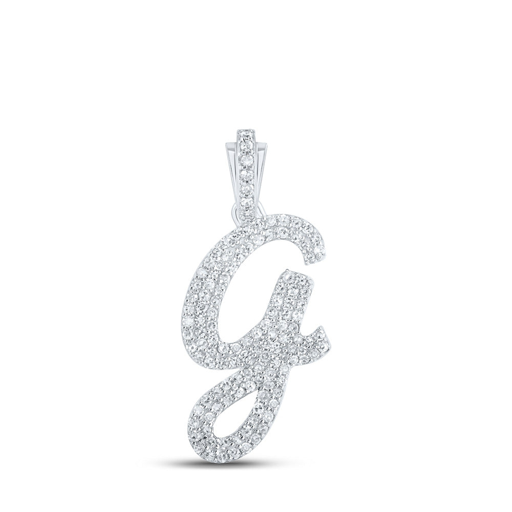 10kt White Gold Womens Round Diamond G Cursive Initial Letter Pendant 1/2 Cttw