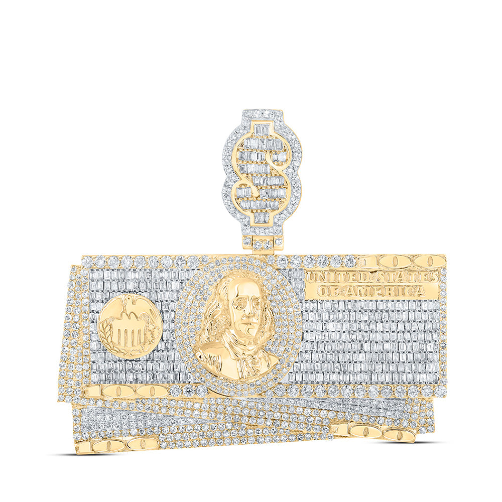 10kt Yellow Gold Mens Baguette Diamond Hundred Dollar Bill Money Charm Pendant 6-7/8 Cttw