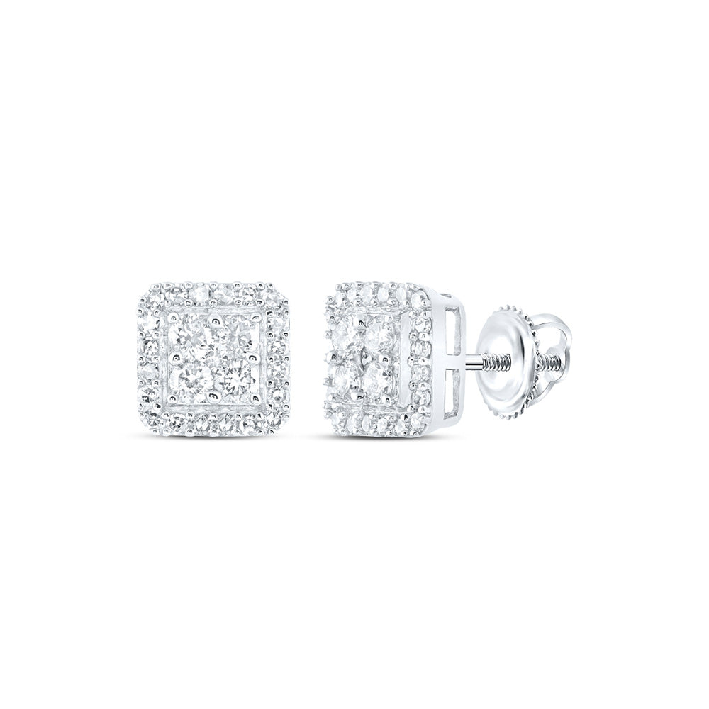 10kt White Gold Mens Round Diamond Square Earrings 5/8 Cttw