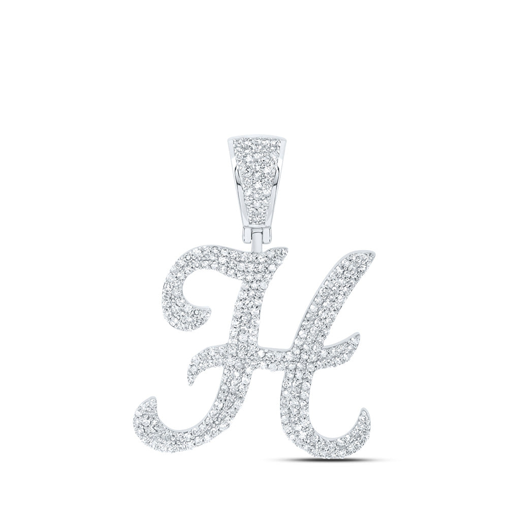 10kt White Gold Mens Round Diamond H Initial Letter Charm Pendant 1-1/5 Cttw