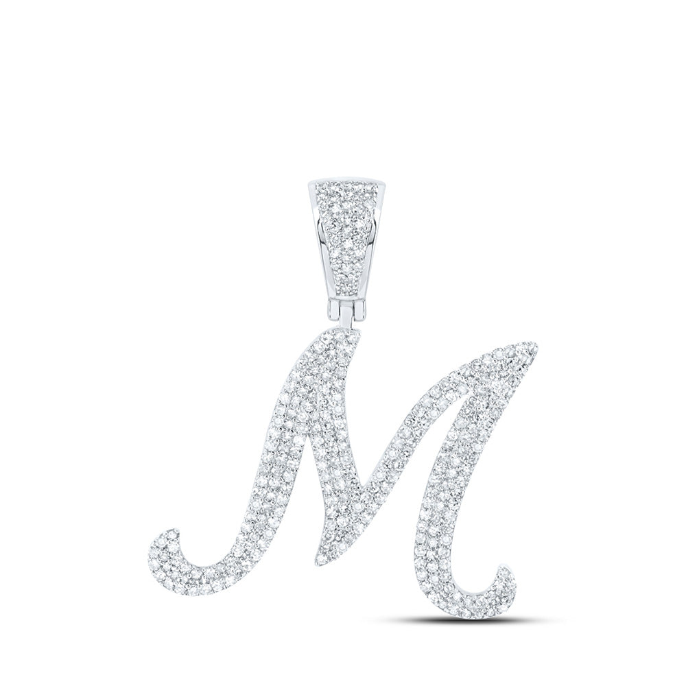 10kt White Gold Mens Round Diamond M Initial Charm Pendant 1-1/5 Cttw