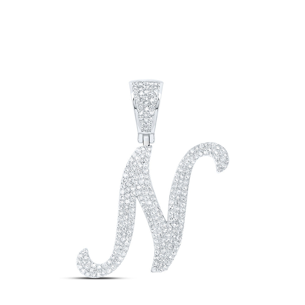 10kt White Gold Mens Round Diamond N Initial Letter Charm Pendant 1 Cttw