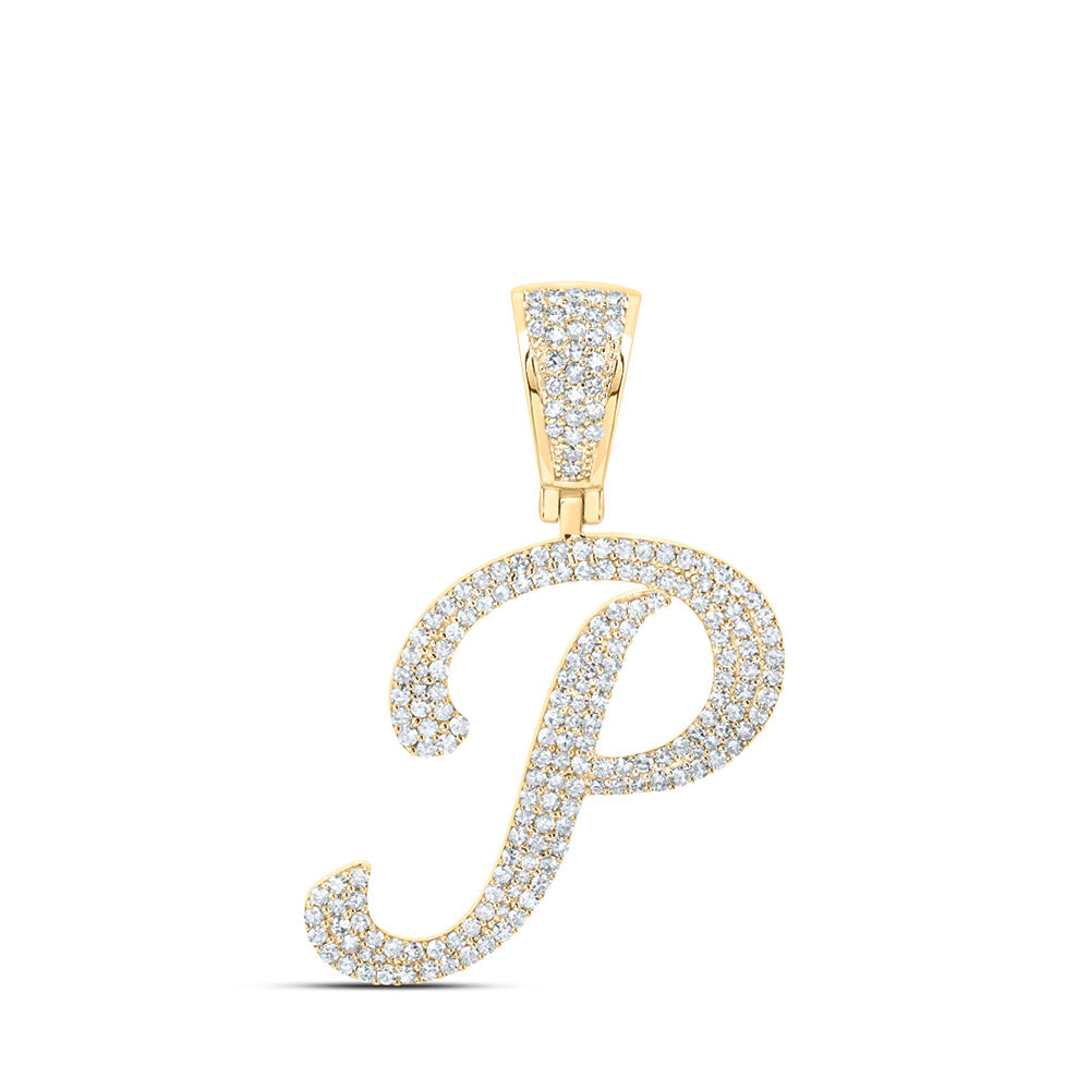 10kt Yellow Gold Mens Round Diamond P Initial Letter Charm Pendant 7/8 Cttw