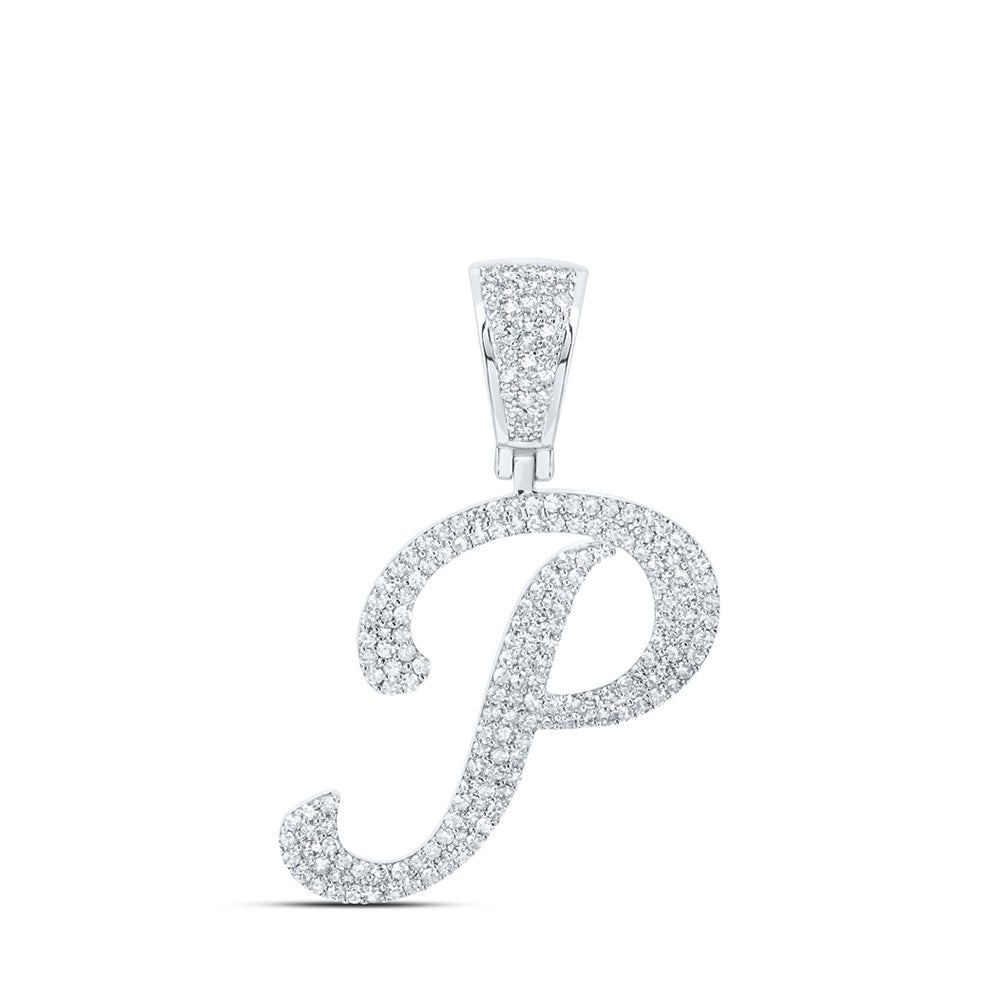 10kt White Gold Mens Round Diamond P Initial Letter Charm Pendant 7/8 Cttw