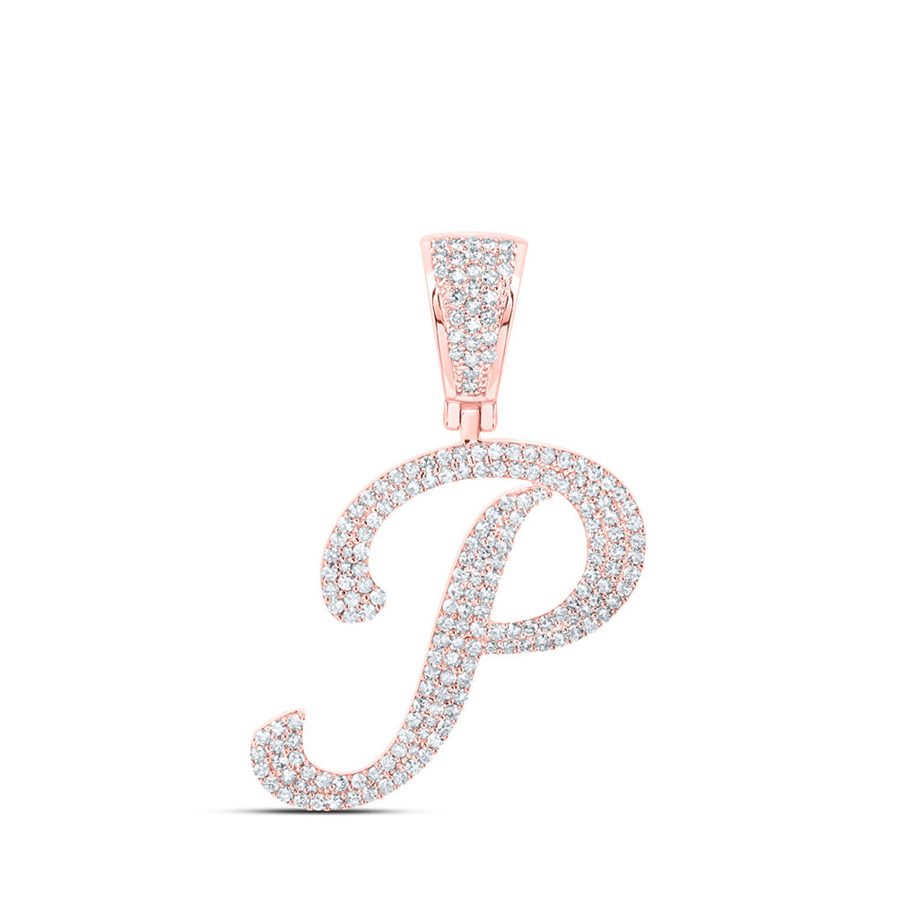 10kt Rose Gold Mens Round Diamond P Initial Letter Charm Pendant 7/8 Cttw