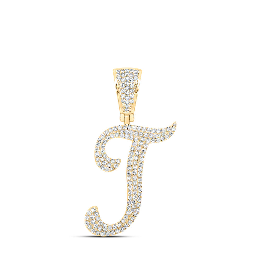 10kt Yellow Gold Mens Round Diamond T Initial Letter Charm Pendant 3/4 Cttw