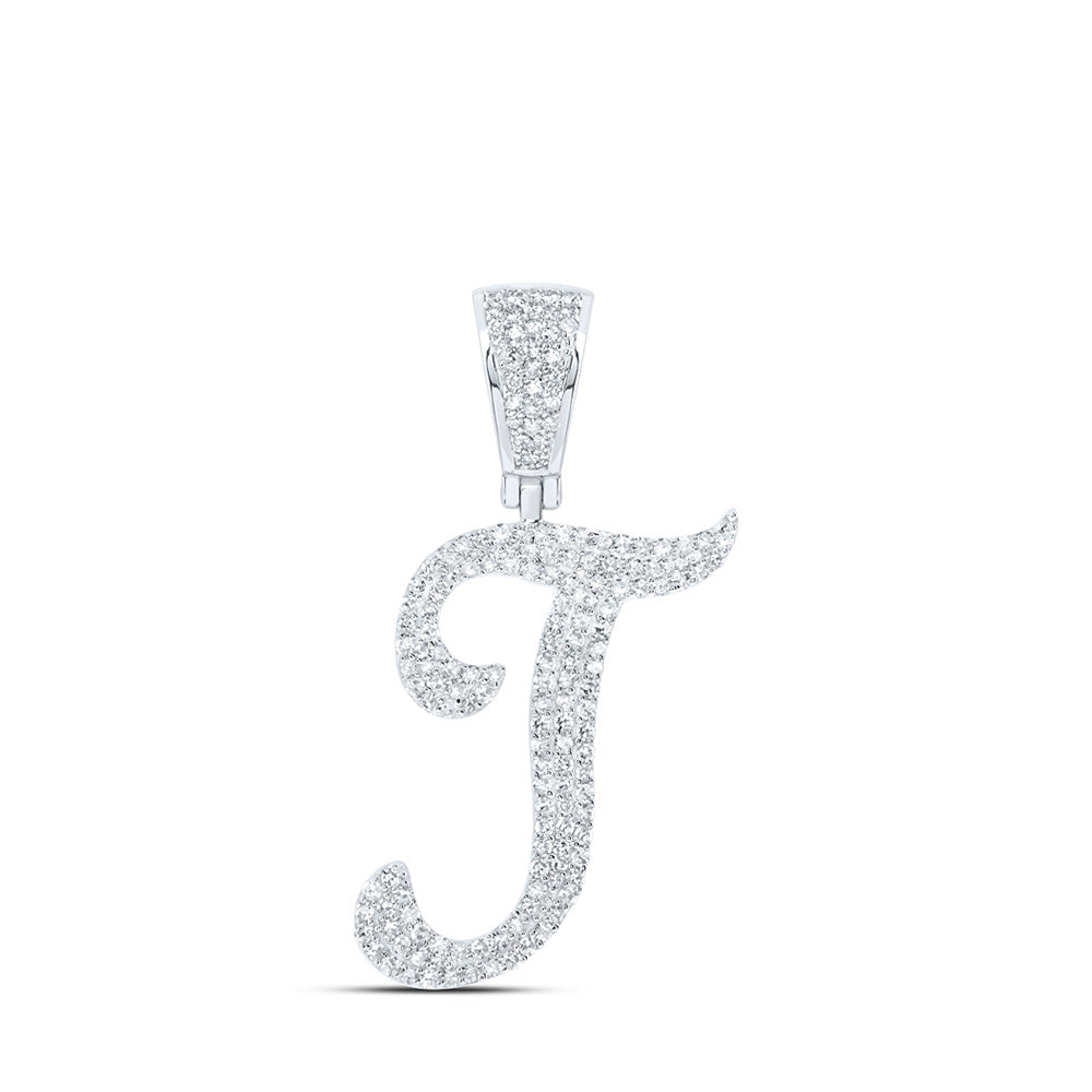 10kt White Gold Mens Round Diamond T Initial Letter Charm Pendant 3/4 Cttw