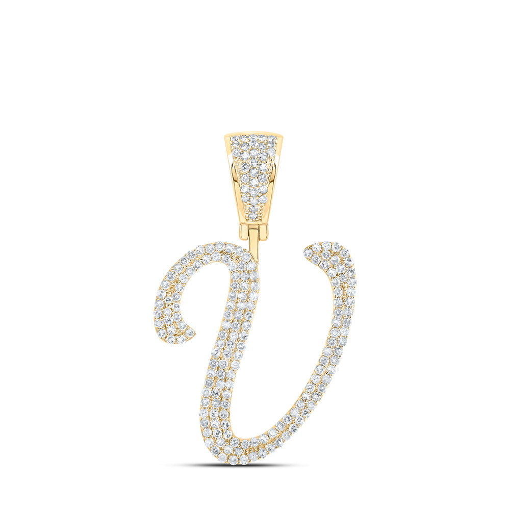 10kt Yellow Gold Mens Round Diamond V Initial Letter Charm Pendant 7/8 Cttw