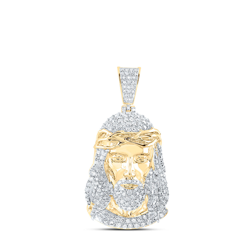 10kt Yellow Gold Mens Round Diamond Jesus Face Charm Pendant 2 Cttw