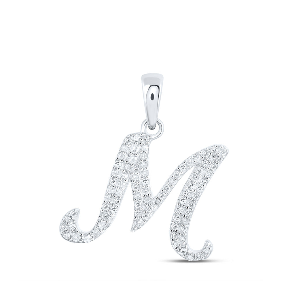 10kt White Gold Womens Round Diamond M Initial Letter Pendant 1/5 Cttw