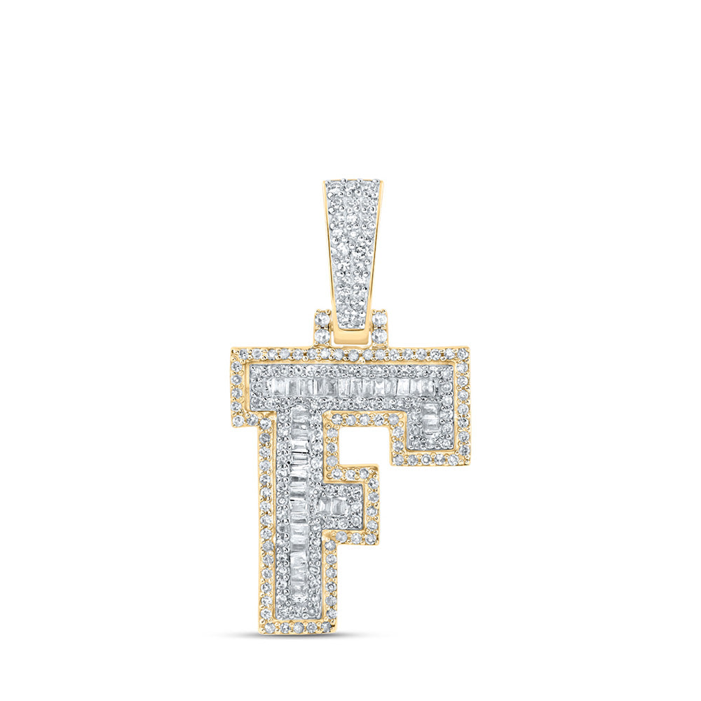 10kt Yellow Gold Mens Baguette Diamond F Initial Letter Charm Pendant 1/2 Cttw