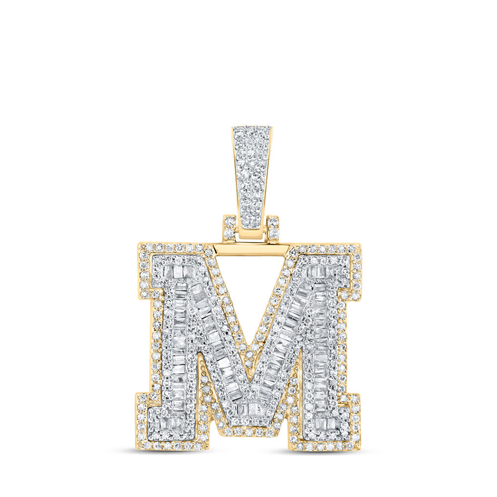 10kt Yellow Gold Mens Baguette Diamond M Initial Letter Charm Pendant 7/8 Cttw