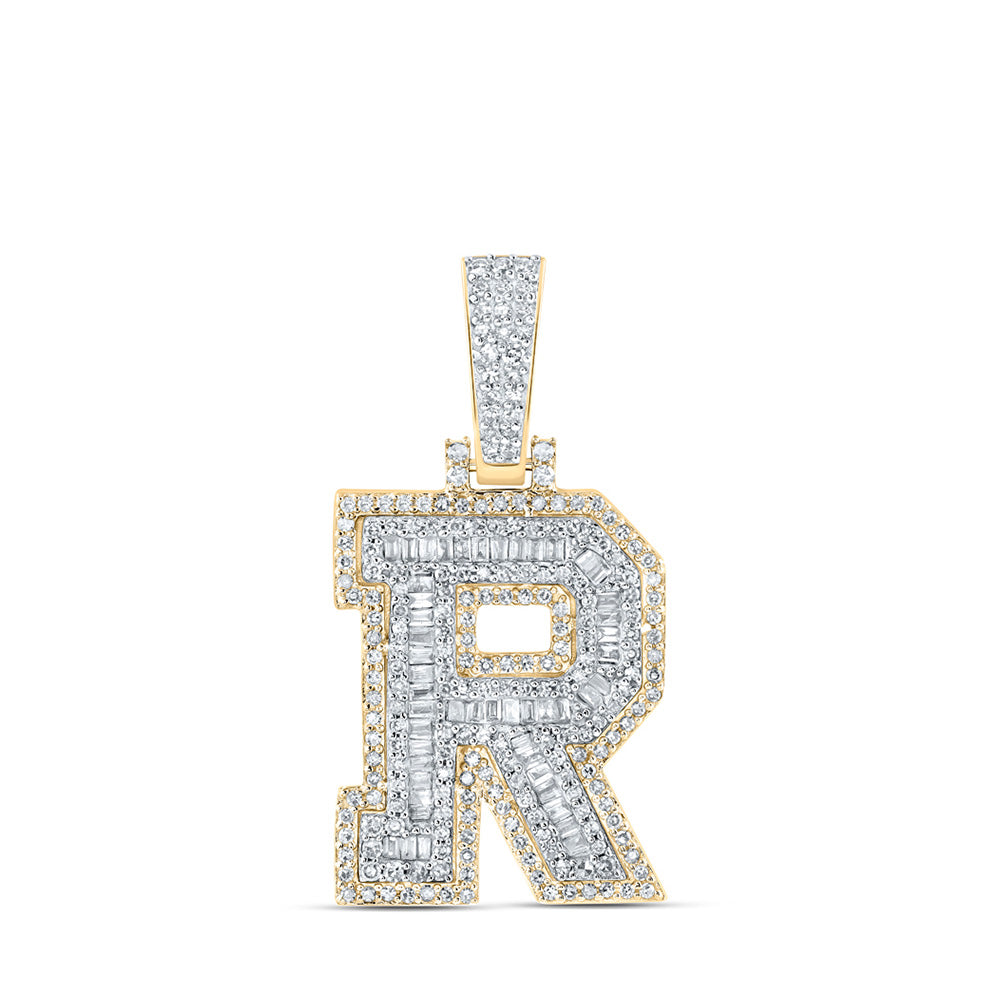 10kt Yellow Gold Mens Baguette Diamond R Initial Letter Charm Pendant 5/8 Cttw