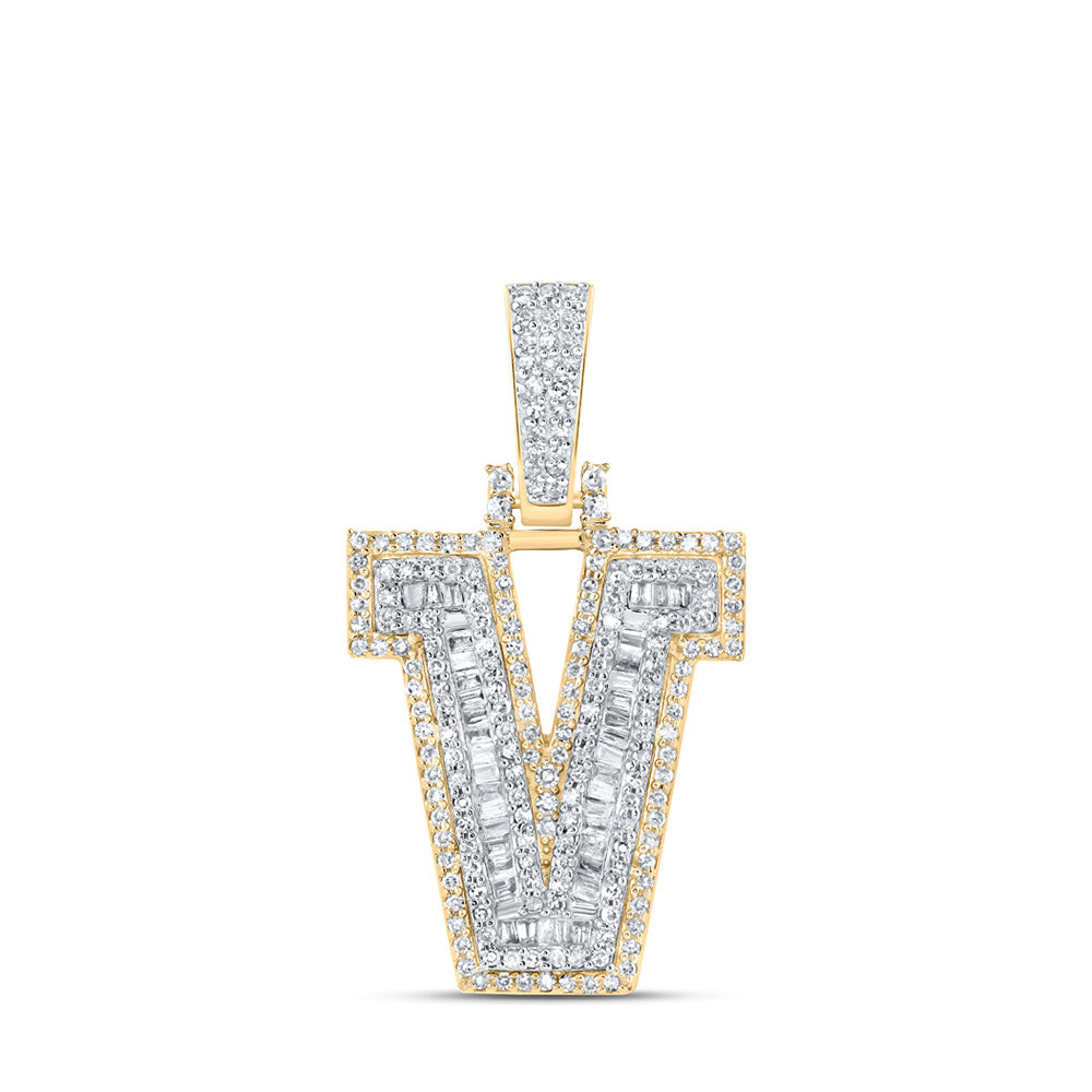 10kt Yellow Gold Mens Baguette Diamond V Initial Letter Charm Pendant 5/8 Cttw