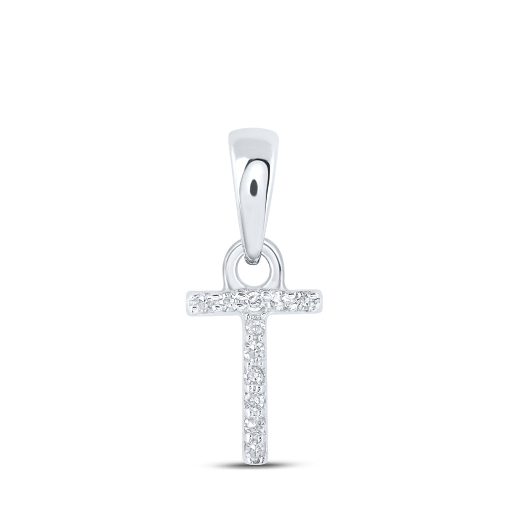 10kt White Gold Womens Round Diamond T Initial Letter Pendant .02 Cttw