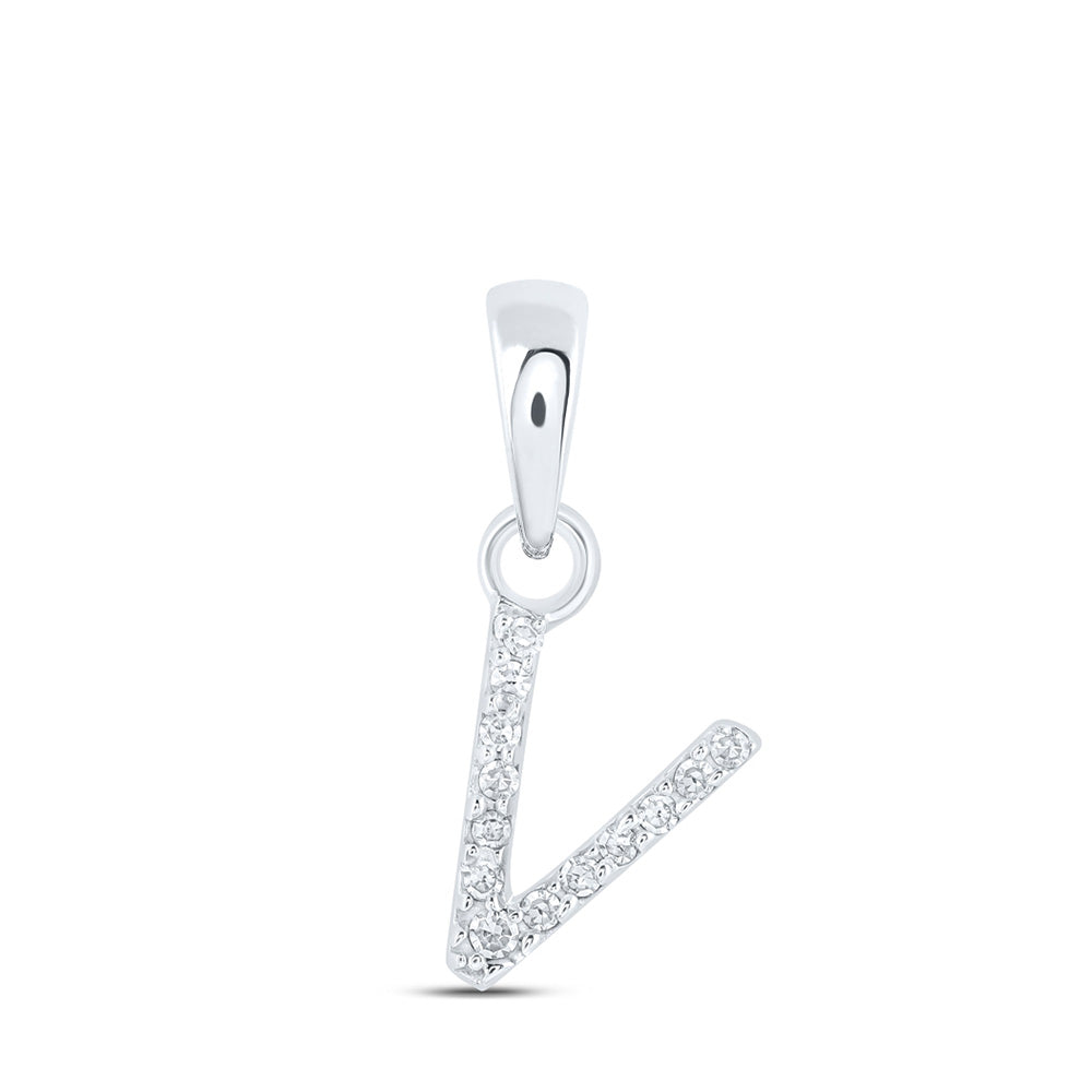 10kt White Gold Womens Round Diamond V Initial Letter Pendant .03 Cttw