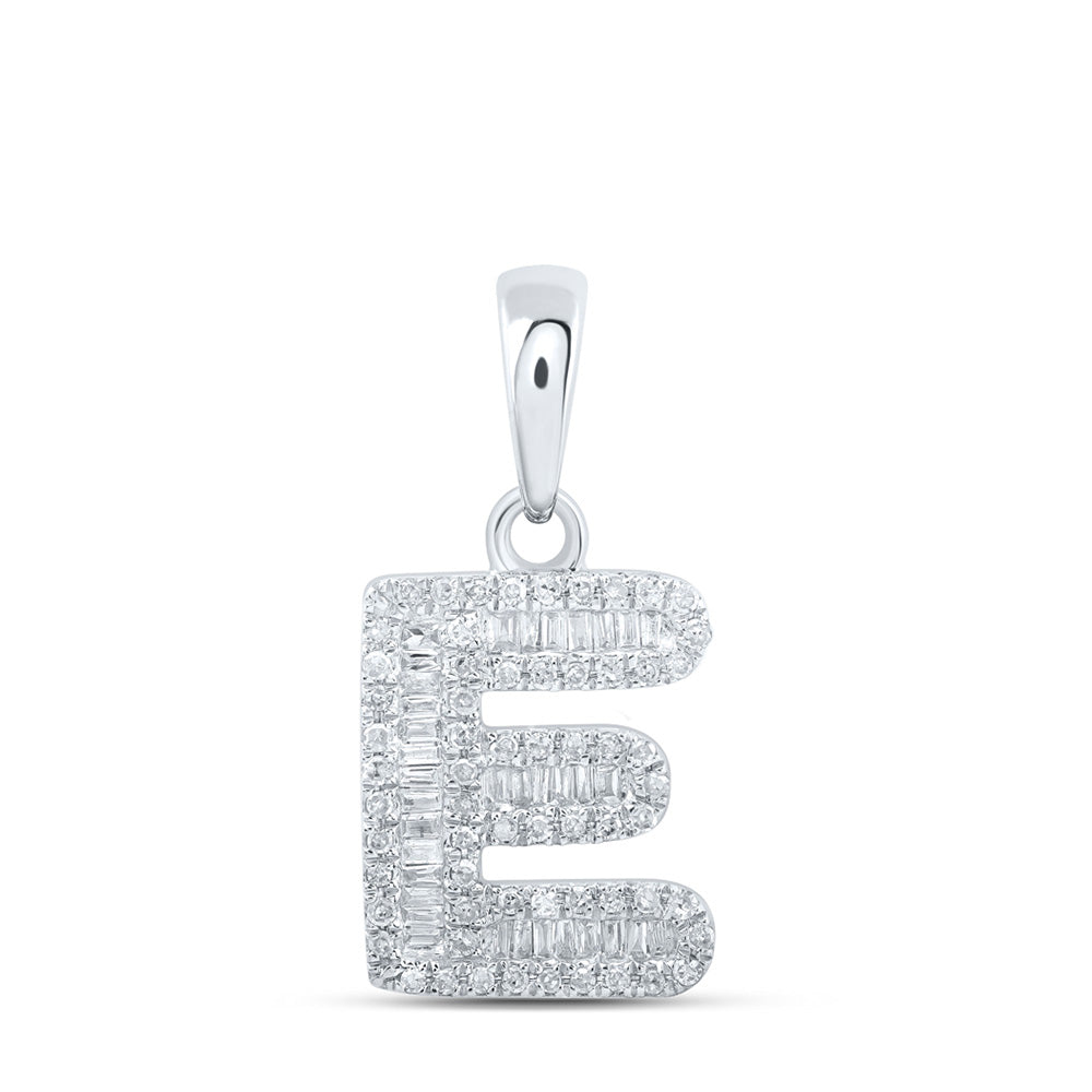 10kt White Gold Womens Baguette Diamond E Initial Letter Pendant 1/3 Cttw