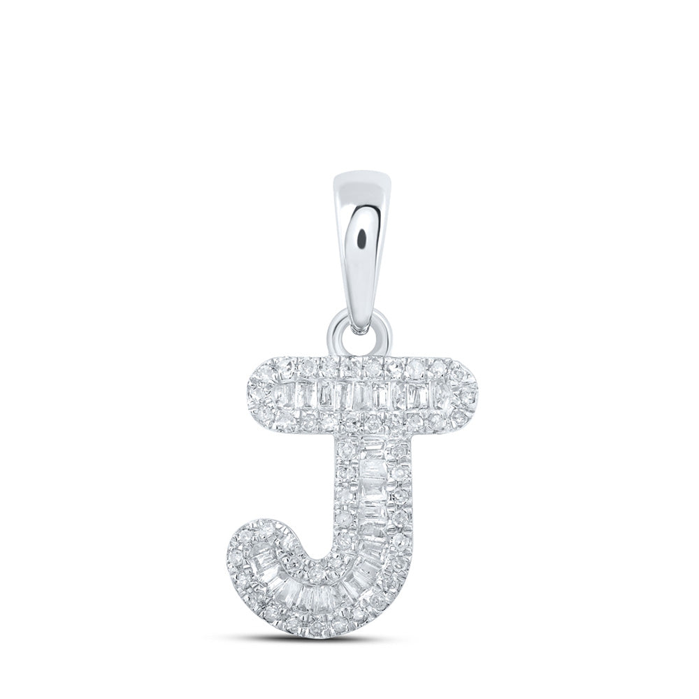 10kt White Gold Womens Baguette Diamond J Initial Letter Pendant 1/3 Cttw